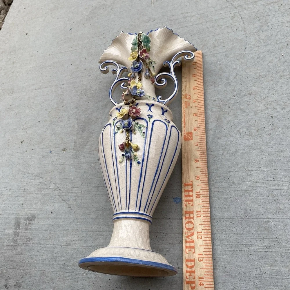 Antique Majolica Vase Earthenware French Hand Painted Faience 19th-20th Century